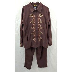 Bob Mackie 2 Piece Outfit Large Embroidered Jacket Pull On Pants Stretch Brown